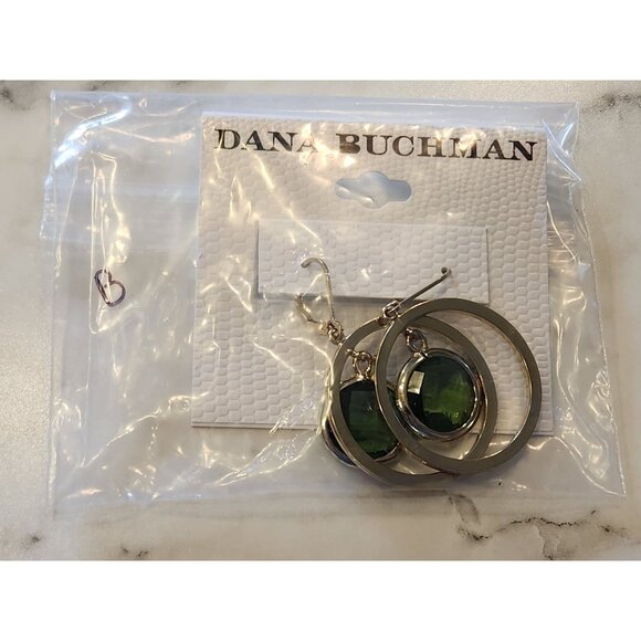 Dana Buchman Gold-Tone Double Circle Drop Earrings With Green Gemstone Accent - Picture 2 of 5